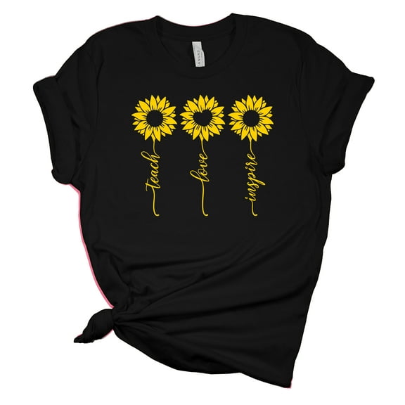 Teach, Love, Inspire Sunflower Teacher Appreciation Ladies Short Sleeve T-shirt Graphic Tee Graphic Tee-Black-large