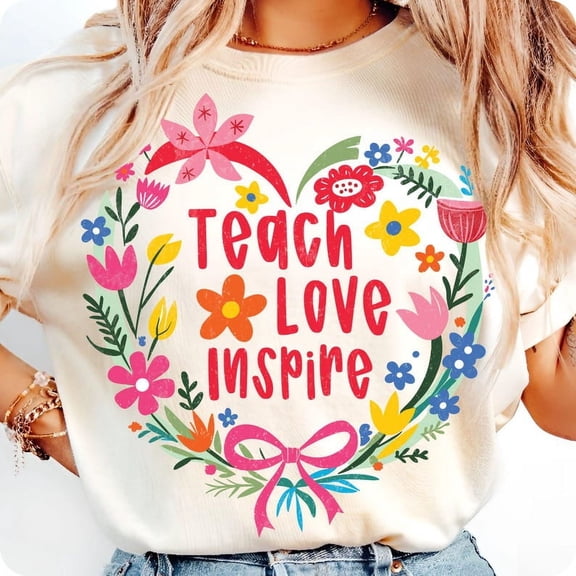 Teach Love Inspire T-Shirt, Pink Coquette Pencil Teacher Shirt, Back to School Retro Boho Teacher Life Tee, Inspirational Quote