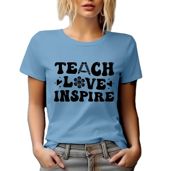 Teach, Love, Inspire, Teacher Quote, Groovy Wavy Text, Baby Blue T-Shirt, Small