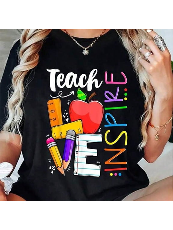 Teach Love Inspire Teacher T-Shirt, 100% Cotton Colorful School Apple Pencil Graphic Tee, Unisex Short Sleeve Crew Neck Educator Shirt, Back to School Teacher Appreciation Gift