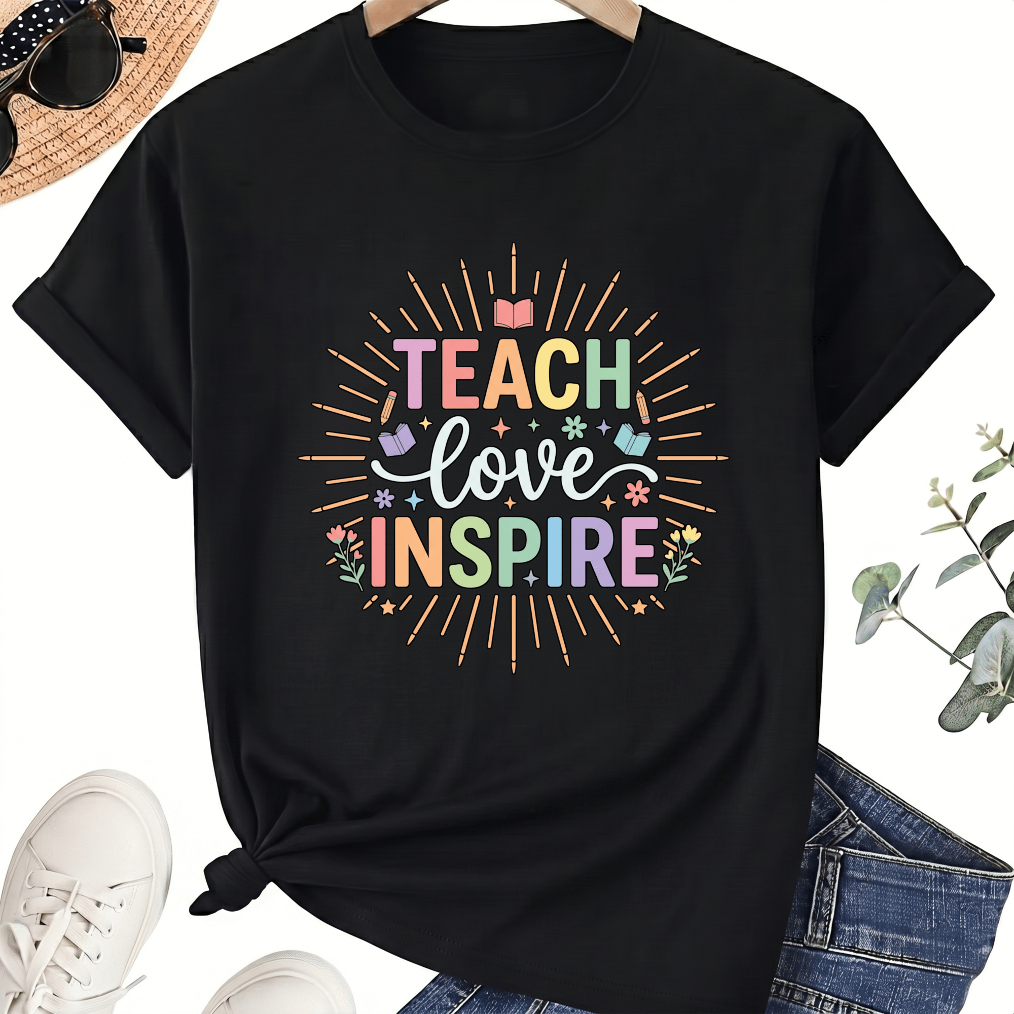 Teach Love Inspire Teacher T-Shirt, 100% Cotton Unisex Crew Neck Short Sleeve