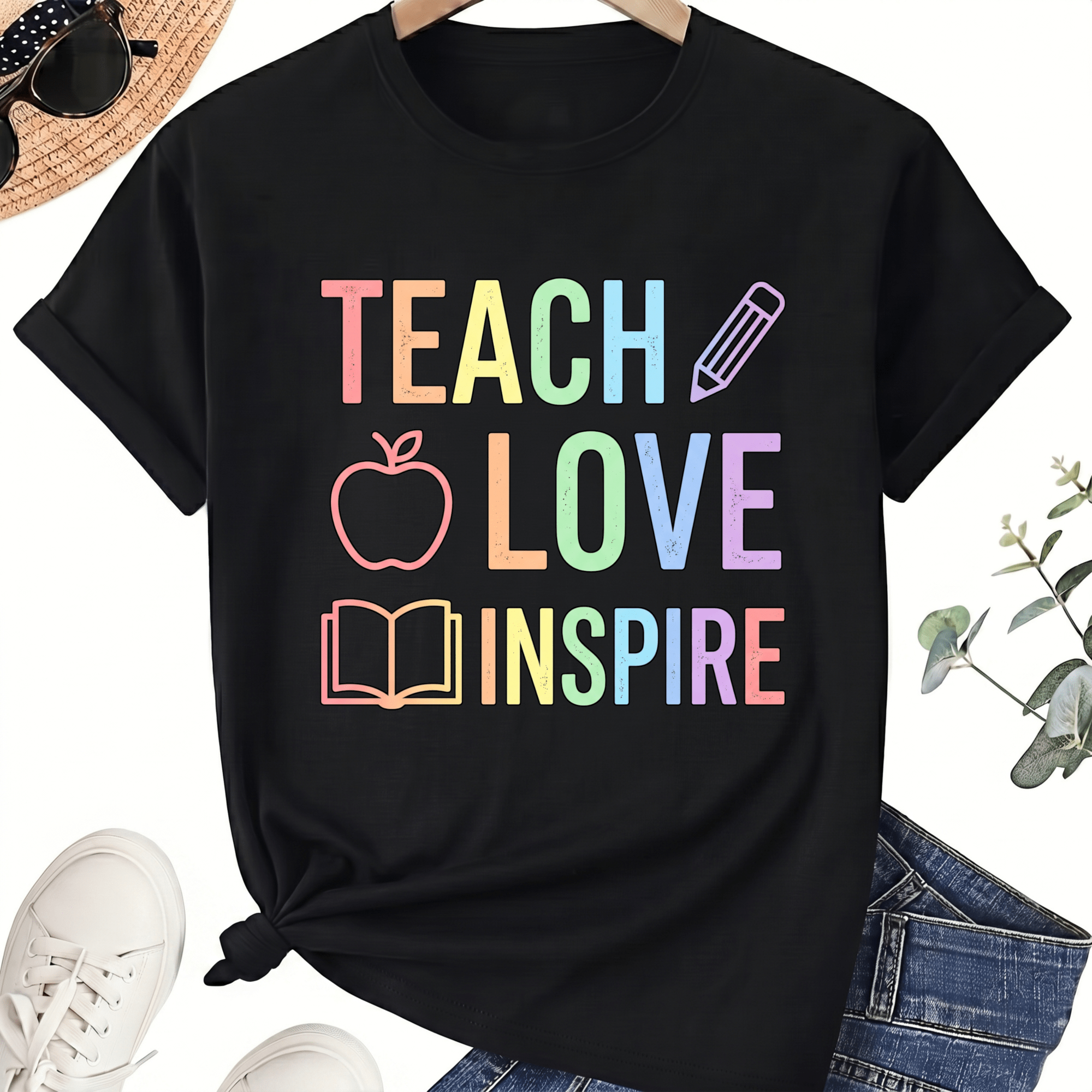 Teach Love Inspire Teacher T-Shirt for Women, 100% Cotton Crew Neck Short Sleeve Shirt, Colorful Classroom Icons