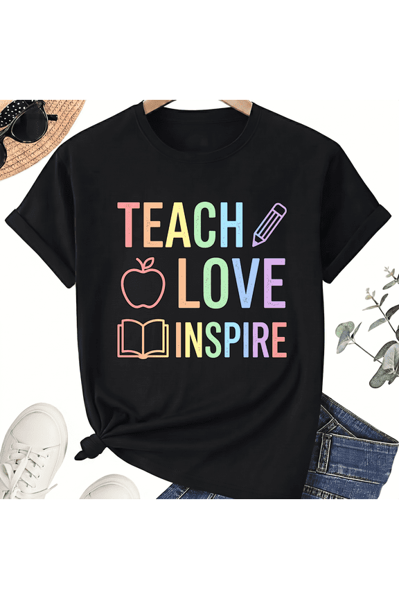 Teach Love Inspire Teacher T-Shirt for Women, 100% Cotton Crew Neck Short Sleeve Shirt, Colorful Classroom Icons
