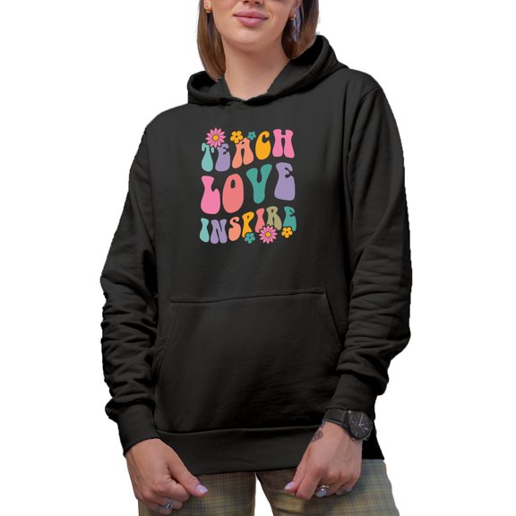 Teach, Love, Inspire with Flowers, School Teacher or Teaching Themed, Groovy Retro Wavy Text Merch Gift, Black Hooded Sweatshirt or Hoodie, Small