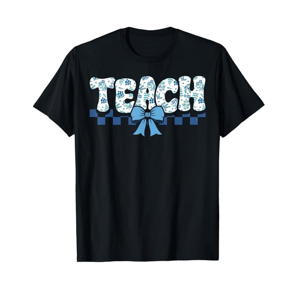 Teach Teacher Coquette Toile Blue Bow Floral Back to School T-Shirt