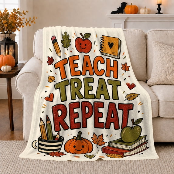 Teach Treat Repeat Quote with Pencils Apple Notebook Books Pumpkin and Leaves, Fun Autumn School Style for Teachers, Classroom Motif and Teacher Gift, Warm Flannel Blanket, Home Decor