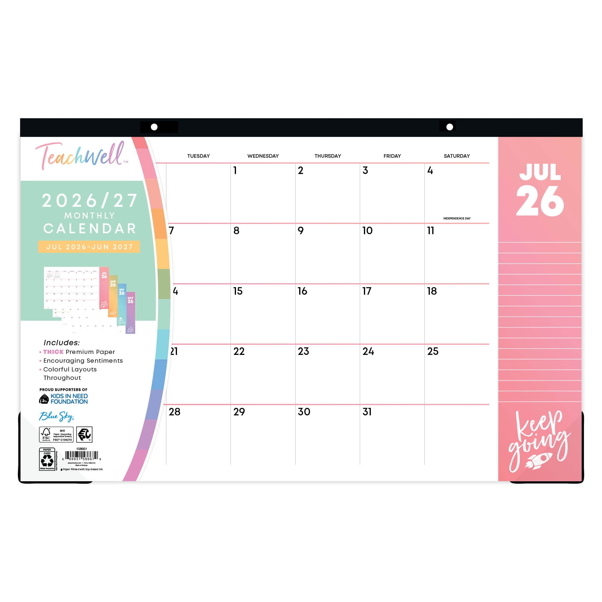 TeachWell for Blue Sky Desk Pad Calendar, 17x11, Colors (July 2026 - June 2027)