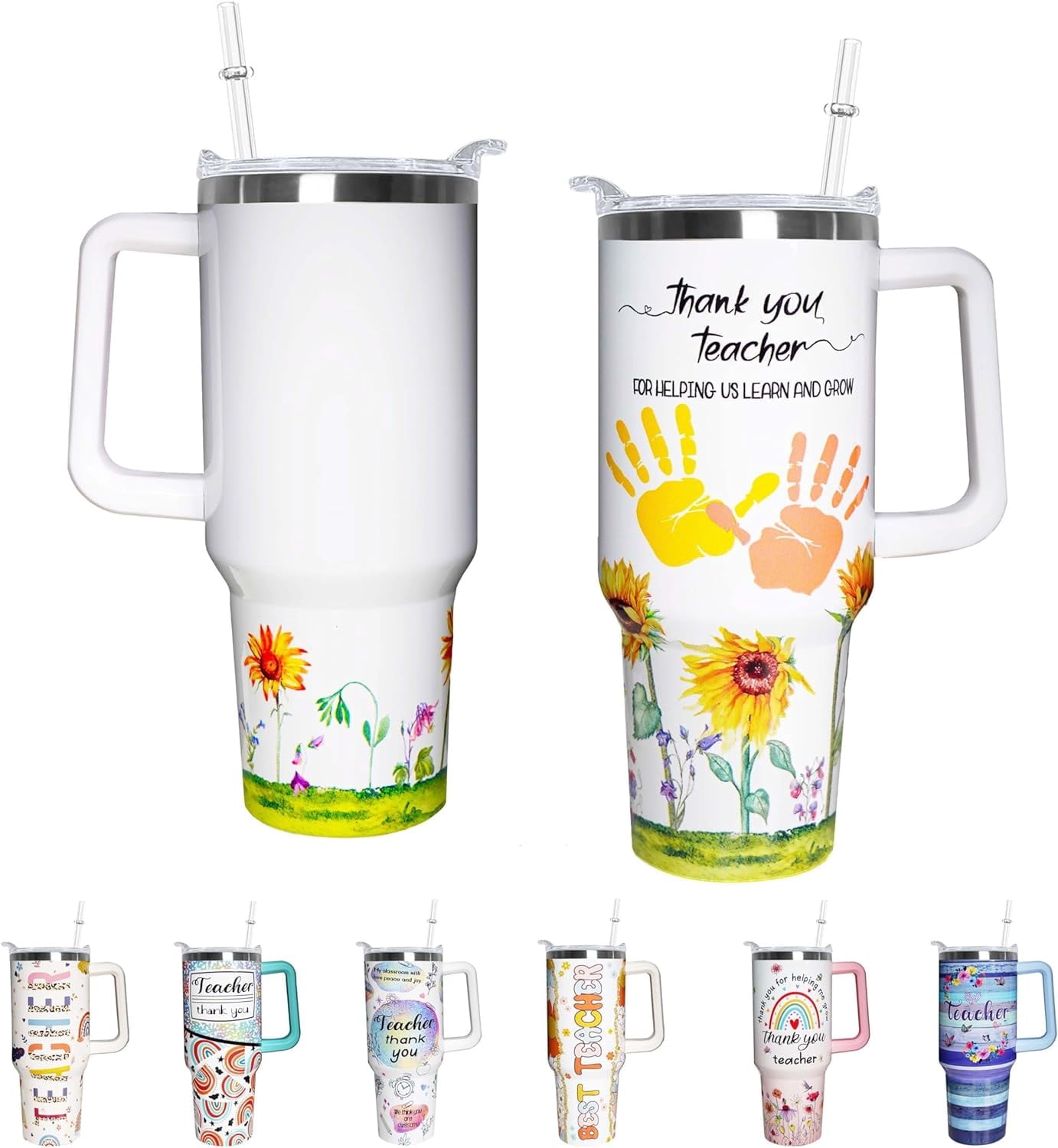 Teacher 40 oz Tumbler Appreciation Gifts for Women with Handle Insulated Stainless Steel Thank You Teacher Travel Coffee Mug with Lid and Straw Gifts