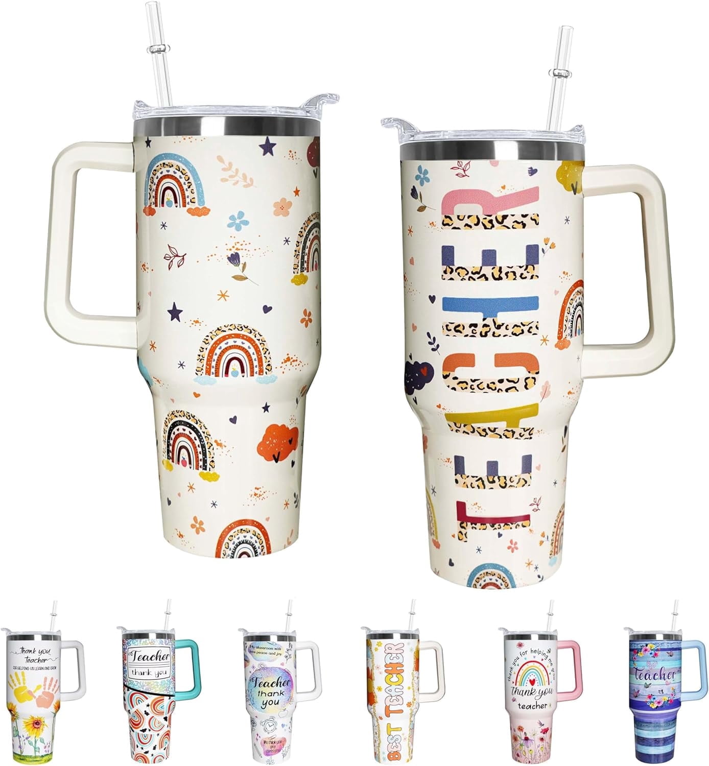 Teacher 40 oz Tumbler Appreciation Gifts for Women with Handle Insulated Stainless Steel Thank You Teacher Travel Coffee Mug with Lid and Straw Gifts