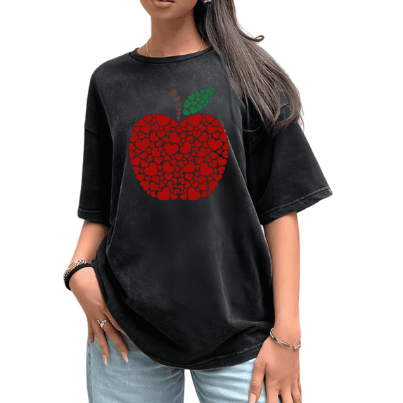 Teacher Apple Graphic Tees Print T shirt Red Hearts Oversized Washed Shirts Women S-2XL Gray Tops