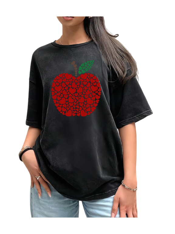 Teacher Apple Graphic Tees Print T shirt Red Hearts Oversized Washed Shirts Women S-2XL Gray Tops