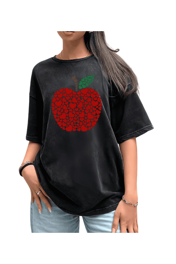 Teacher Apple Graphic Tees Print T shirt Red Hearts Oversized Washed Shirts Women S-2XL Gray Tops
