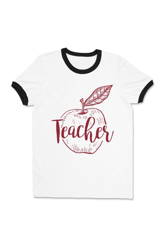 Teacher Apple Ringer Tee Shirt Unisex Large White/Black