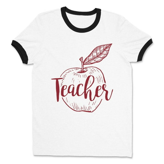 Teacher Apple Ringer Tee Shirt Unisex Large White/Black