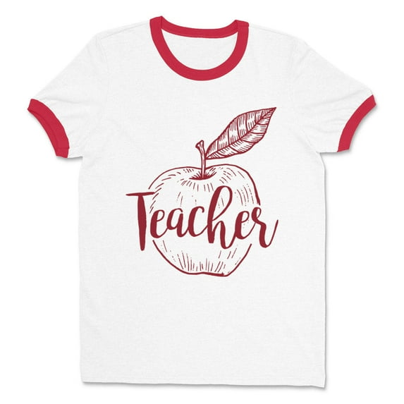 Teacher Apple Ringer Tee Shirt Unisex X-Large White/Red