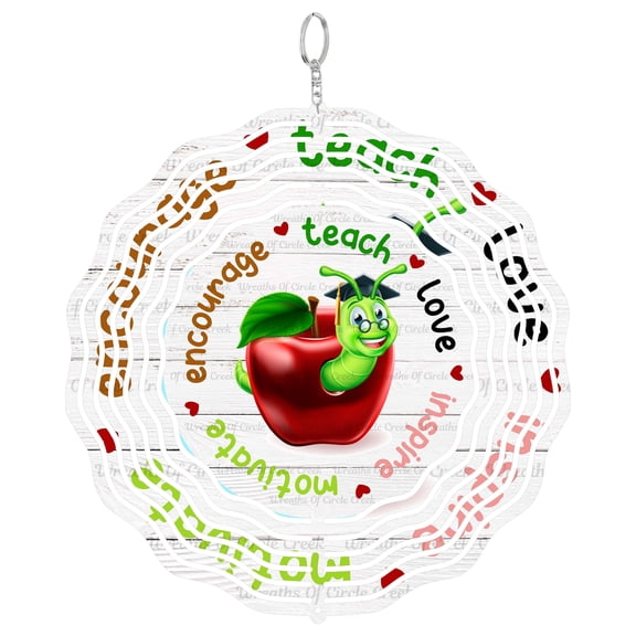 Teacher Apple Teach Love Inspire 3D Wind Spinner Hanging, UV Printed Tinplate, Classroom Door Decor, Teacher Appreciati