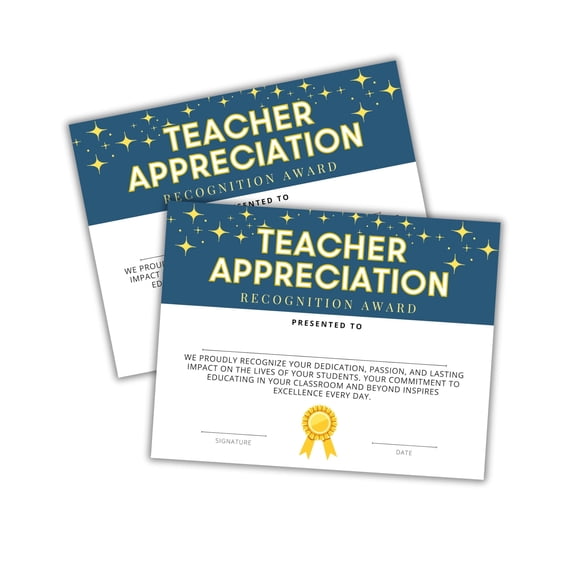 Teacher Appreciation Award Certificate 30pk 8.5x11 Recognition Thank You End of the Year Award of the Month Year Elementary High School Staff