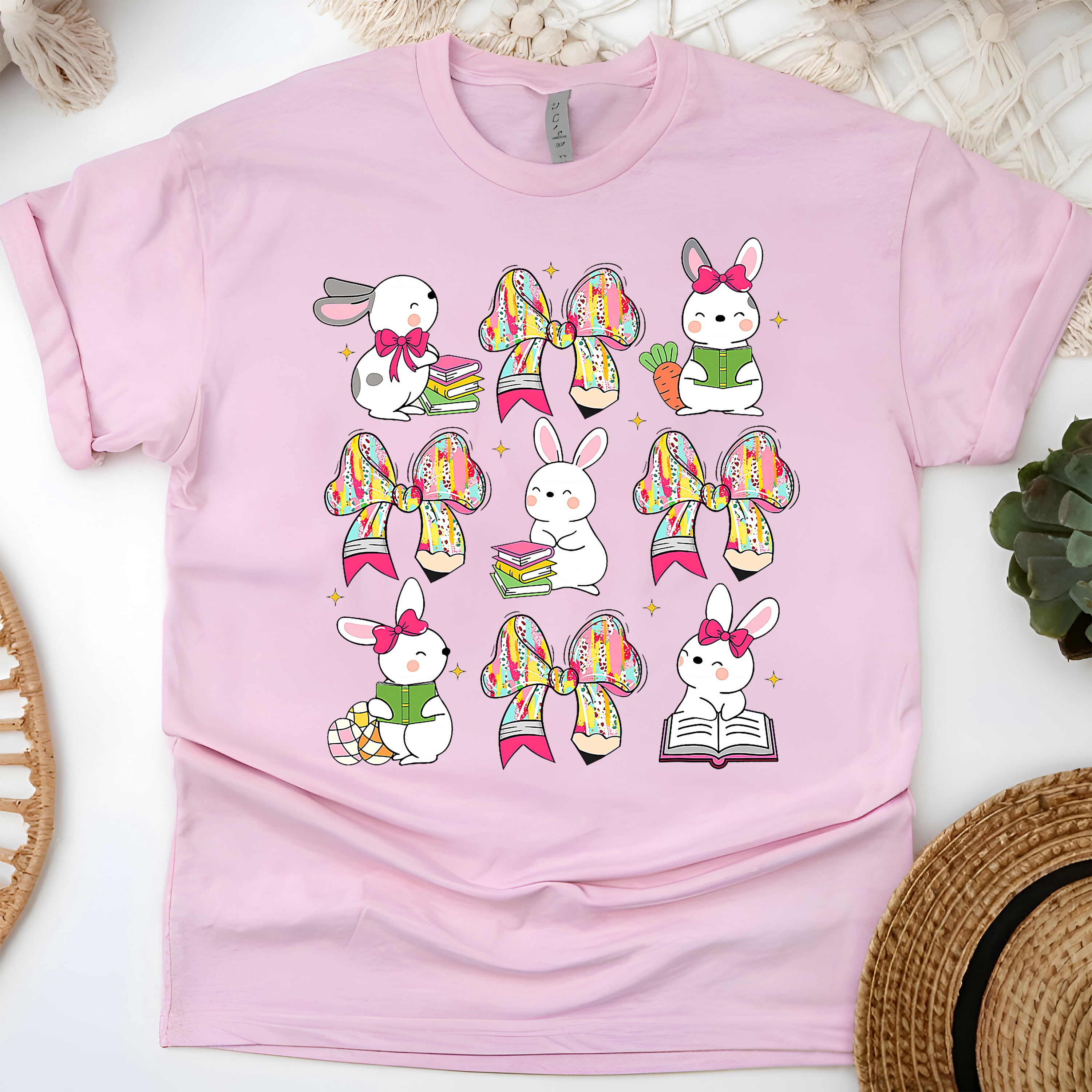 Teacher Appreciation Bunny T-Shirt – Kawaii Pencil Bows & Reading ...
