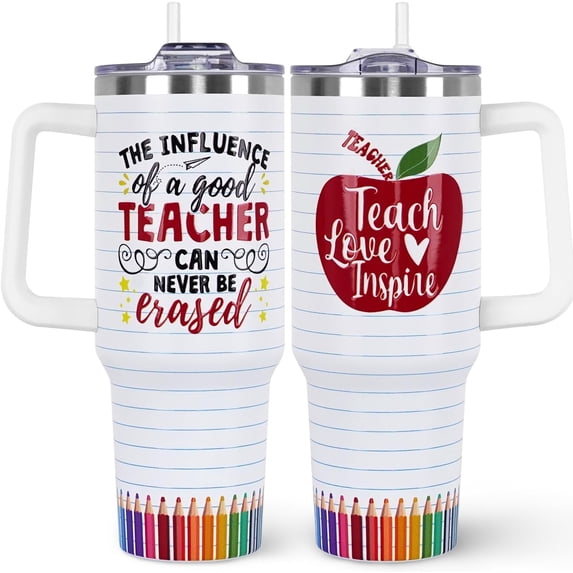 Teacher Appreciation Gifts 40oz Tumbler with Handle and Straw Lid|Teacher Gifts Vacuum Insulated Leak Proof Tumbler Teacher Gifts for Women|Best Teacher Gifts Stainless Steel Travel Mug |Red Apple