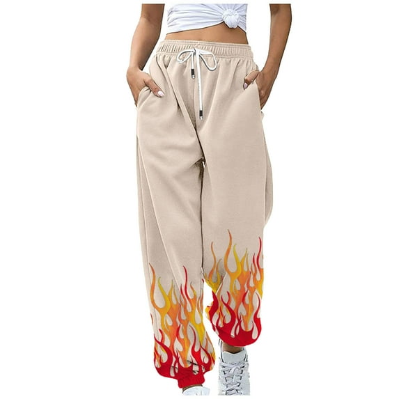 Teacher Appreciation Gifts AXXD Athletic Women Works Capri With Pockets Khaki Summer High Waist Workout Flame Printing Sweatpants Loose Lounge Trousers Pants Mother's Day