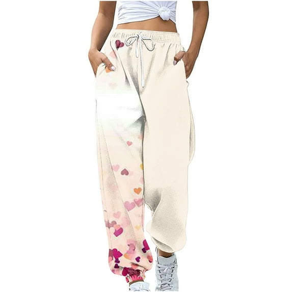 Teacher Appreciation Gifts AXXD Beige Pants Women Summer Workout Pocket Loose Pants Sports Pants Drawstring Valentine's Day Printed Pants Casual Pants Mother's Day