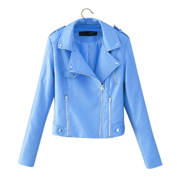 AXXD Jackets for Women,Faux Leather Jacket Women Long Sleeve Turndown Notch Lapel Zip Solid Color Coat Jacket Blue Size 2XL(US:12)