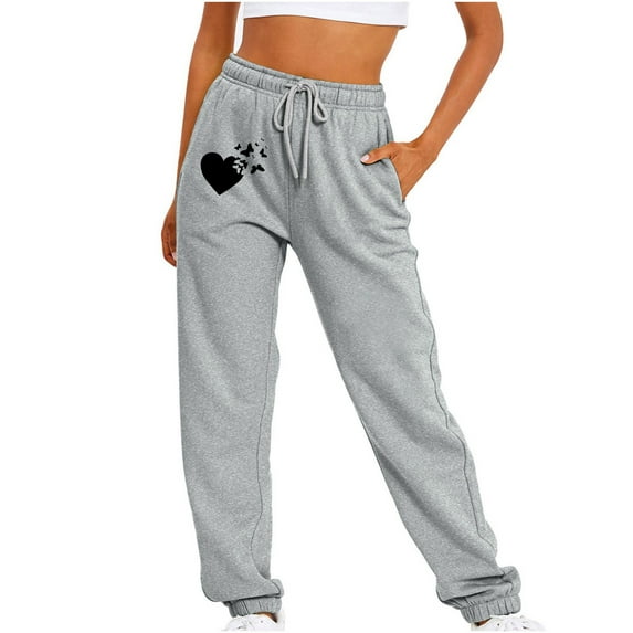 Teacher Appreciation Gifts AXXD Gray Linen Pants Women Summer Workout Loose Casual Sports Solid Color Valentine's Day Love Printed Long Mother's Day