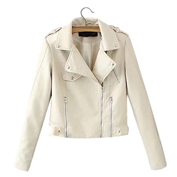 AXXD fall jackets for women,PU (Faux Leather),Long Sleeve,Full-Front Zipper,Solid Color,Daily,Casual,Work,Outdoor,White,2XL(US:12)
