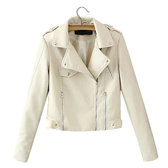 AXXD Jackets for Women,Faux Leather Jacket Women Cropped Long Sleeve Zip Turndown Notch Lapel Solid Color Coat Jacket White Size 2XL(US:12)
