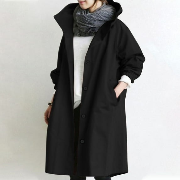 Teacher Appreciation Gifts AXXD Light Trench Coats For Women Long Sleeve Pocket Windbreaker Hood Solid Color Sleeve Trench Coat Jacket Black Size M(Us:6)
