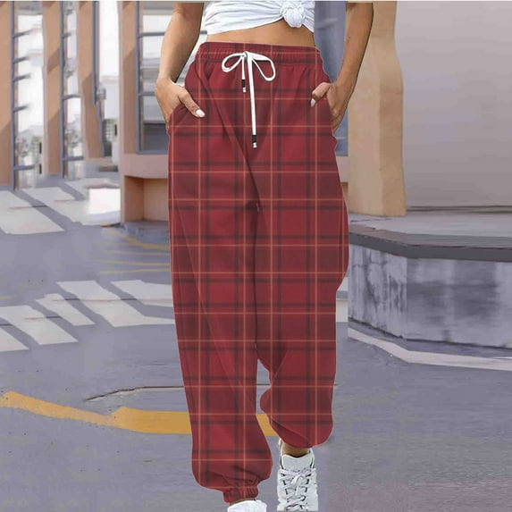 Teacher Appreciation Gifts AXXD Red Linen Pants Women Summer Plaid High Waist Workout Checker Printing Sweatpants Loose Lounge Trousers With Pockets Pants Mother's Day