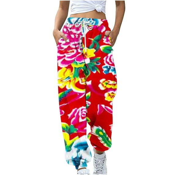 Summer Saving Clearance AXXD Red Sweatpants Women Summer Workout Pocket Loose Sports Pants With Drawstring Northeast Printed Casual Pants Mother's Day