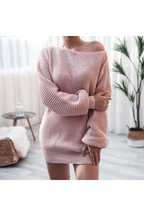 Teacher Appreciation Gifts AXXD Sweater Dress For Women,Women Fashion Casual Off-the-shoulder Lantern Sleeve Knit Sweater Dress