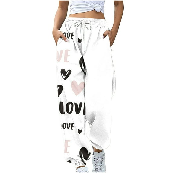 Teacher Appreciation Gifts AXXD White Cargo Pants for Women Fall Workout Pocket Loose Sports Drawstring Valentine's Day Printed Pants