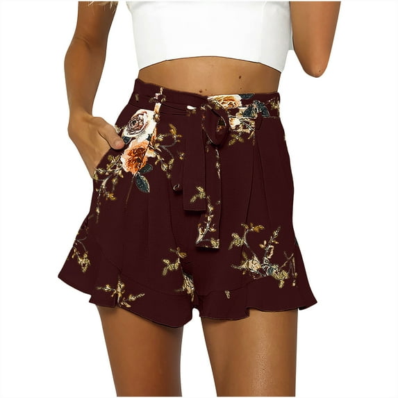 Teacher Appreciation Gifts AXXD Woman Plus Size Shorts Pocket Casual Floral Printed With Pockets Elastic Waist Ruffle Shorts Spring womens deals $15 & under