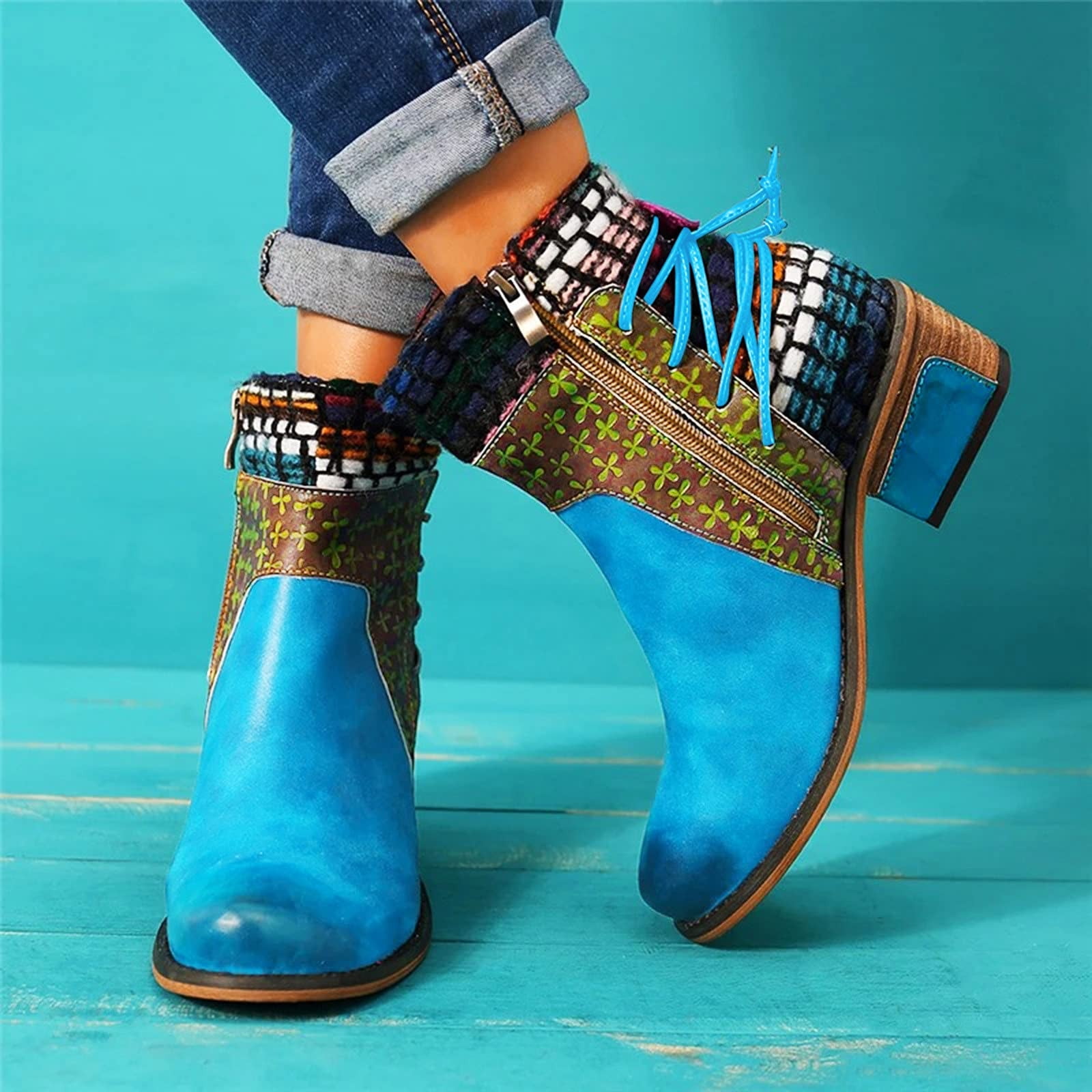 Teacher Appreciation Gifts AXXD Women's Vintage Splicing Round Toe Square Heel Boots Thick Heel Short Shoes Tall Fall Boots for Women 2024 Clearance Blue Size 39(US:7)