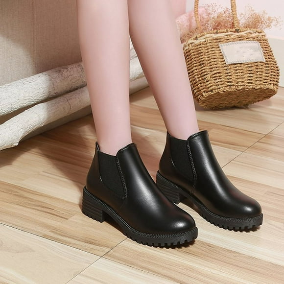Teacher Appreciation Gifts AXXD Women's Winter Faux Leather Round Toe Low Heels Boots Women's Booties And Ankle Boots Clearance Black Size 35(US:4.5)
