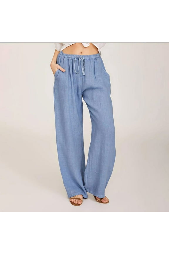 Womens Cargo Pants Casual Solid Cotton Linen Drawstring Elastic Waist Long Wide Leg Pants Light Blue Size S(US:4)