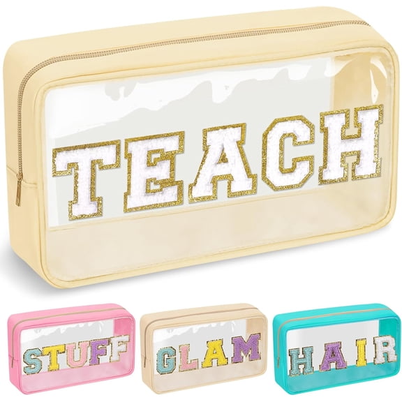 Teacher Appreciation Gifts Chenille Letter Clear Makeup Bag TEACH Pouch, Preppy Patch Makeup Bag with Zipper Graduation  Birthday  Bag Teacher Gifts Supplies for Women(TEACH-Beige)