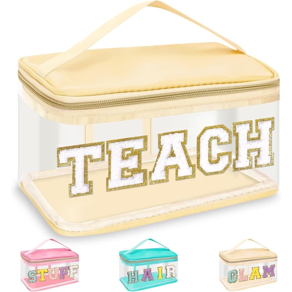 Teacher Appreciation Gifts Chenille Letter Clear Makeup Bag TEACH Pouch, Preppy Patch Makeup Bag Zipper with Handle Nylon Travel  Bag Graduation  Teacher Gifts for Women(TEACH-Beige)