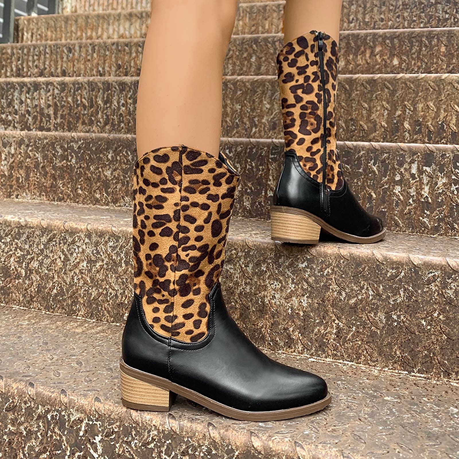 Teacher Appreciation Gifts POROPL Brown Knee High Heel Boots Women Winter Knee High Mid Heel Side Zipper Leopard Print Boots for Lady Size 40(US:7.5)