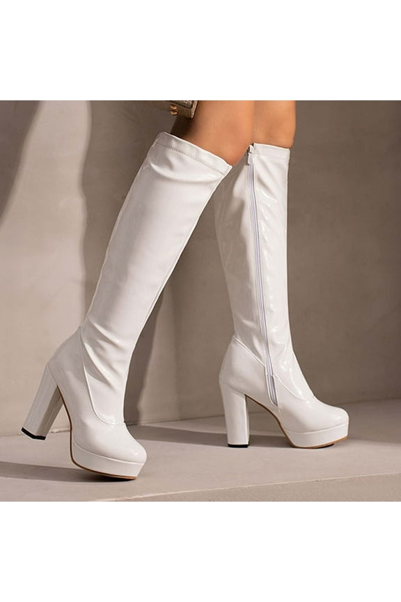 Teacher Appreciation Gifts POROPL Ladies Knee High Boots Winter Chunky Knee High Faux Leather Lace-Up High Heel Boots for Lady White Size 37(US:5.5)