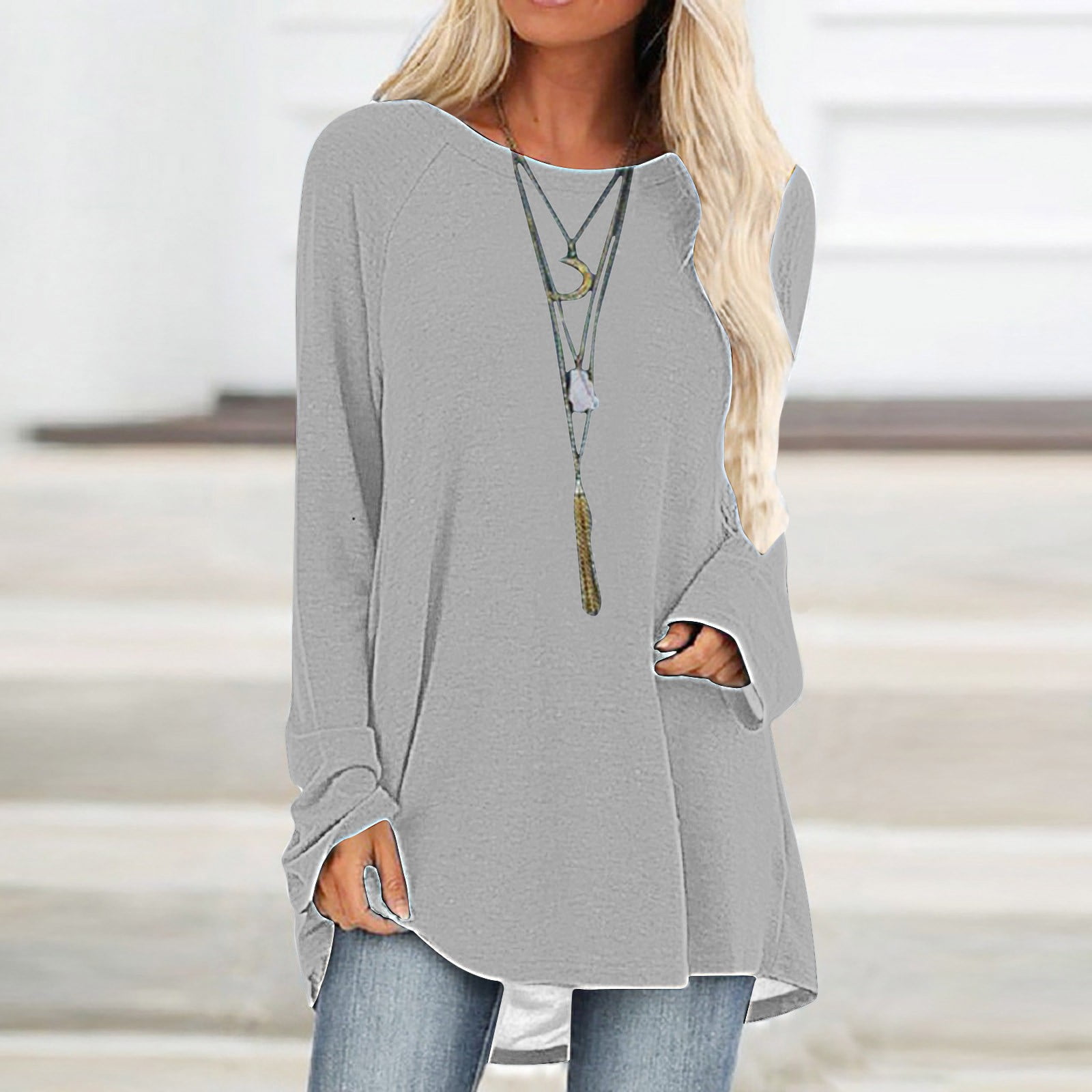 Tunic Tops for Leggings for Women Long Sleeve Round Neck Tricolor Stitching  T Shirts Casual Loose Fit Blouses,Grey S-2XL