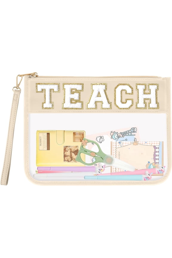 Teacher Appreciation Gifts TEACH Chenille Letter Clear Makeup Bag Pouch, Monogram PVC Clear Zipper Pouch with Wristlet Travel  Bag Graduation  Teacher Gifts for Women(TEACH-Beige)