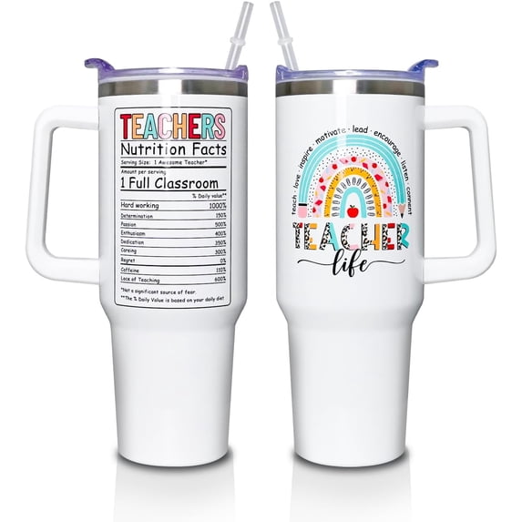 Teacher Appreciation Gifts for Women Men, 40 Oz Tumbler with Handle and Straw, Durable Insulated Stainless Steel Leak-proof Travel Cup, Thank You Teacher Gifts Life Birthday, Back To School Present