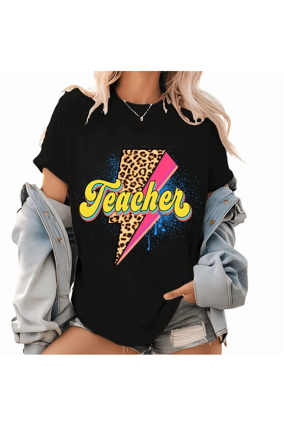 Retro Teacher Pattern T Shirt Back to School Gift Rock Roll Teacher Graphic Classy Cotton Graphic Tops Leopard Print Tees Black,3XL