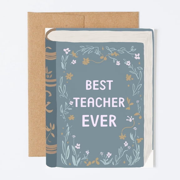 Teacher Appreciation Greeting Card, Book Design with Floral Illustration, Thank You Note for Teacher, Educator Gift, Includes Kraft Envelope