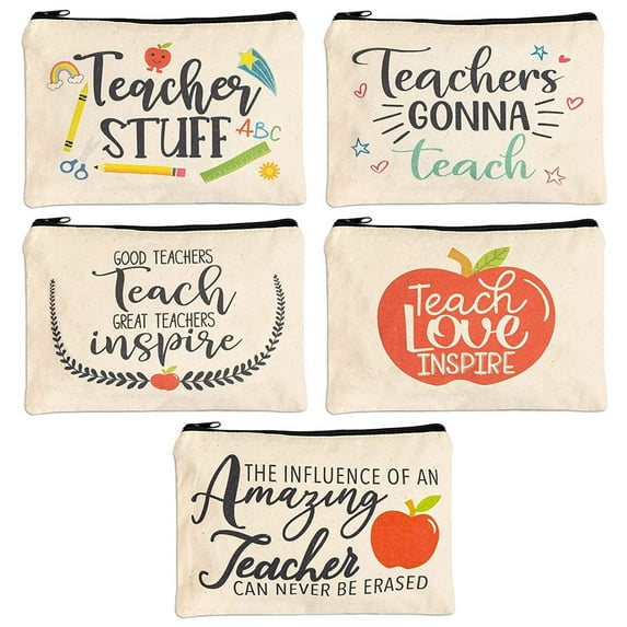 Teacher Appreciation Pouches with Zipper for Pencils, Stationery, Toiletries, 5 Festive Designs, Makeup Bags, Travel Cosmetic Pouch for Women (9x6 Inches, 5-Pack)