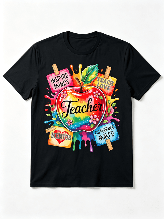 Teacher Appreciation T-Shirt Women's/Men's Colorful Apple Graphic "Inspire Minds Teach Love Mentor Difference Maker" Short Sleeve Crew Neck Tee