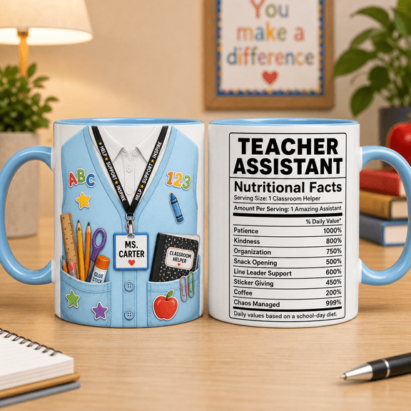 Teacher Assistant 3D Effect Mug, Custom Name Classroom Helper Nutrition Facts Gift
